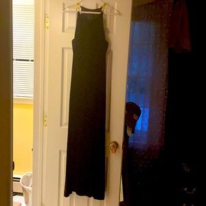 Brown velvet evening dress w/gold braided straps